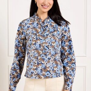 J. Jill Blue and White Boxy Blouse with Mandarin Collar